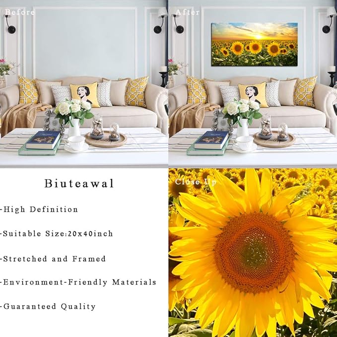 Biuteawal Sunflower Canvas Print Wall Art Sunset Landscape Pictures Flower Field Artwork Modern Painting for Home Kitchen Bedroom Dining Room Stretched and Framed Ready to Hang