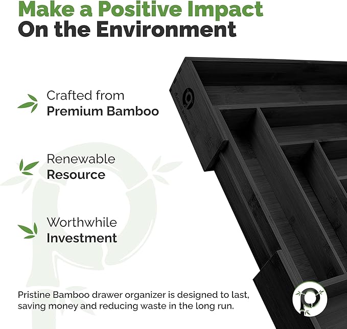 Silverware Tray - Drawer Organizer with Expandable Wooden Dividers (8-Slots, Black)