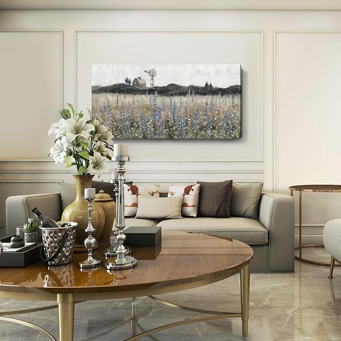 Large Canvas Wall Art for Living Room Rustic Countryside Scenery Vintage Farmhouse Print Painting Nature Wilderness Landscape Wildflower Field Meadow Picture Classical Framed Artwork 30x60inch