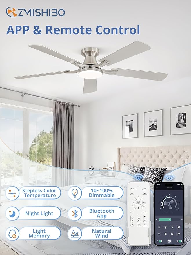 ZMISHIBO 52 Inch Ceiling Fan with Light, App&Remote Control, Flush Mount Low Profile, Dimmable 20W LED Light, Quiet Reversible Motor for Bedroom, Living Room, Apartment, Nickel
