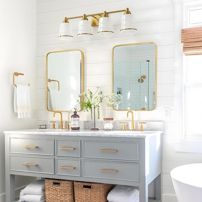 Gold Bathroom Vanity Light Fixture, 4 Light Bathroom Light Fixtures Over Mirror with Milky White Glass and Metal Base Wall Sconce, 29.1 inch Modern Vanity Light for Bathroom(Exclude E26 Bulb)