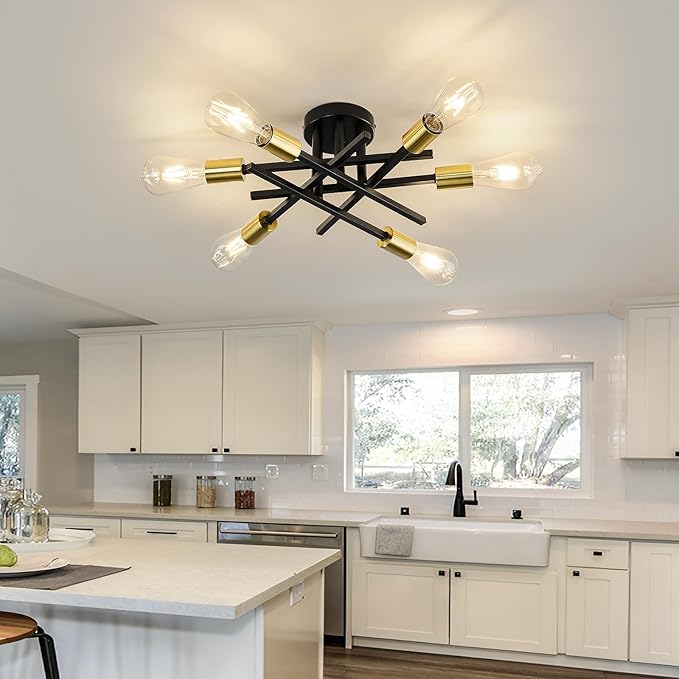6-Lights Sputnik Semi Flush Mount Ceiling Light Fixture Modern Metal Black and Gold Chandeliers with E26 Bulb Base Close to Ceiling Light for Kitchen Dining Room Living Room Hallway Bedroom