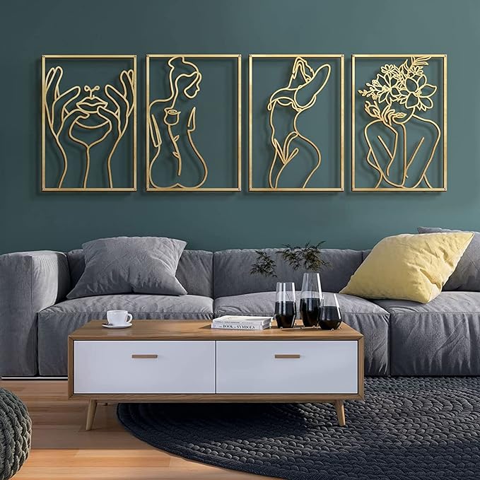 Glamativity Large 4 Pack Gold Wall Art Décor, Minimalist Décor Single Line Art Wall Décor, Real Metal Wall Art, Woman's Body Shape Abstract Wall Art (Gold Classic Style, L Size 22.5 x 15.7'')