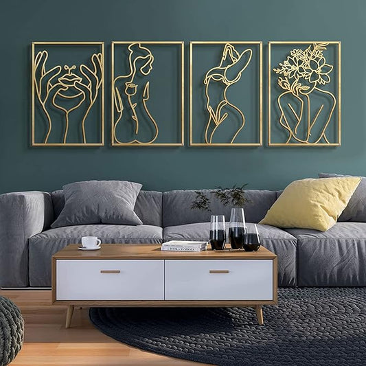Glamativity Large 4 Pack Gold Wall Art Décor, Minimalist Décor Single Line Art Wall Décor, Real Metal Wall Art, Woman's Body Shape Abstract Wall Art (Gold Classic Style, L Size 22.5 x 15.7'')