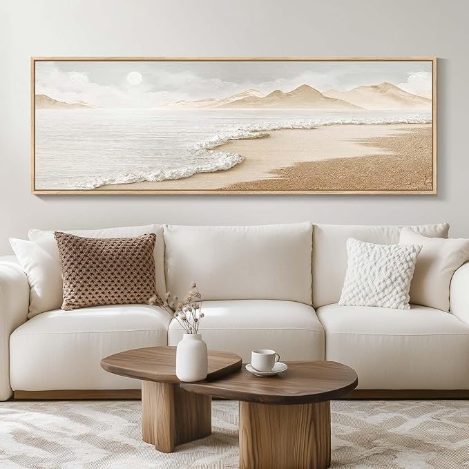 Framed Boho Coastal Beach Wall Art for Living Room, Large Neutral Ocean Canvas Artworks for Walls, Horizontal Abstract Minimalist Coastal Art Print for Bedroom Kitchen Office Wall Decor, 20x60 Inch