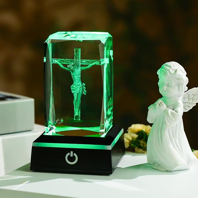 Movdyka 3D Jesus Cross Crystal Figurine with Colorful LED Light Base - Religious Night Light, Perfect Christian Gift for Women Men Christmas, Easter & Home Decor
