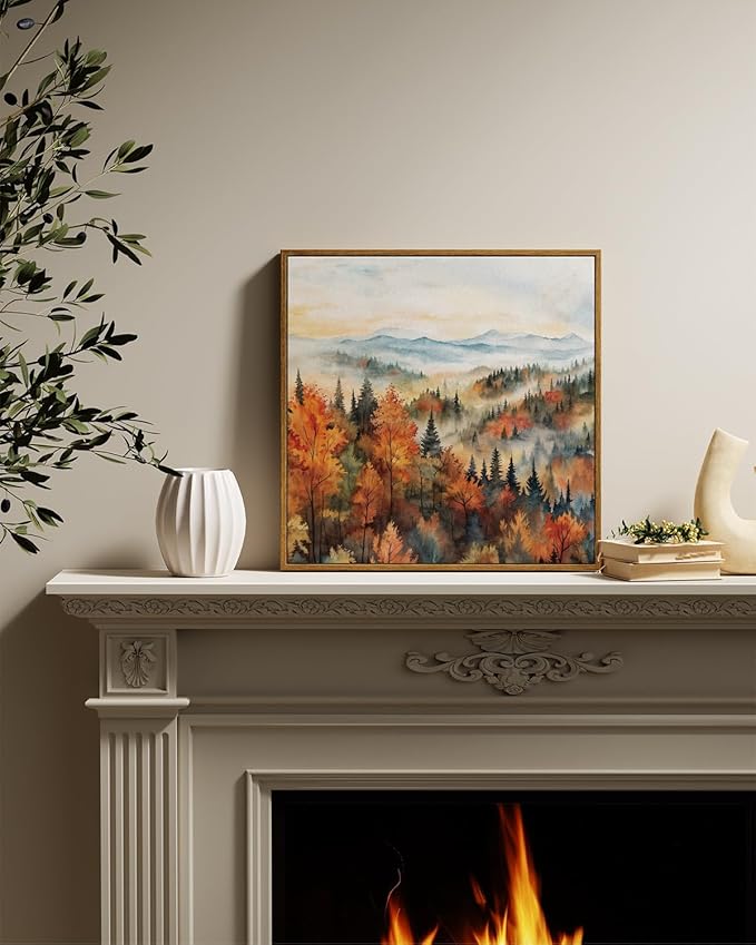 InSimSea Square Framed Canvas Wall Art, Classical Scenery Prints Landscape Pine Forest In The Morning Mist, Autumn Fall Home Wall Decor for Living Room, Bedroom, Bathroom, Office 16"x16"