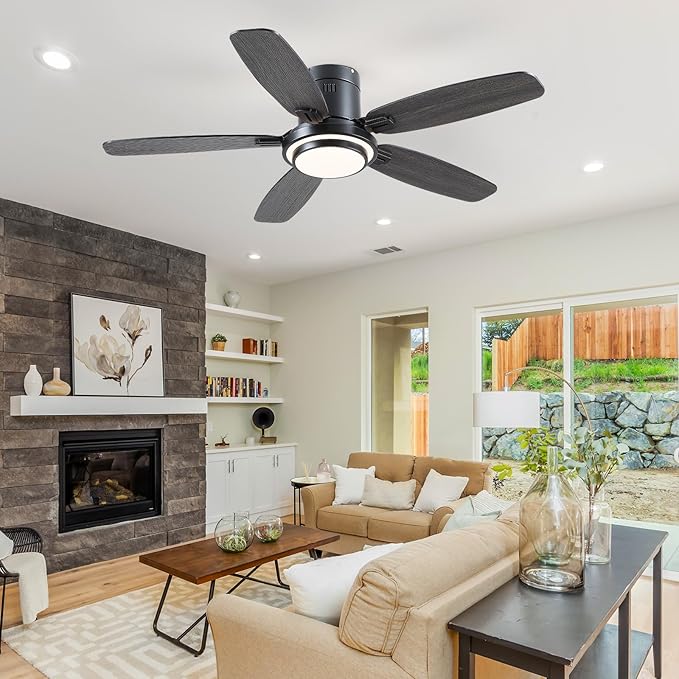 Low Profile Ceiling Fan with Lights and Remote/APP, 50 Inch Modern Flush Mount Ceiling Fan with 3CCT 6-Speeds Quiet DC Motor,Dimmable 3-Color Temperatures for Living Room Bedroom(Black)