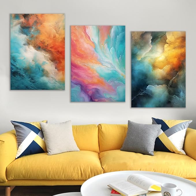 Colorful Abstract Poster Wall Art Rendering 3 Pieces HD Pictures Print on Wooden Framed Canvas Multicolor Painting Wall Decor Artwork for Modern Home Living Room Hotel Ready to Hang [60''Wx28''H]