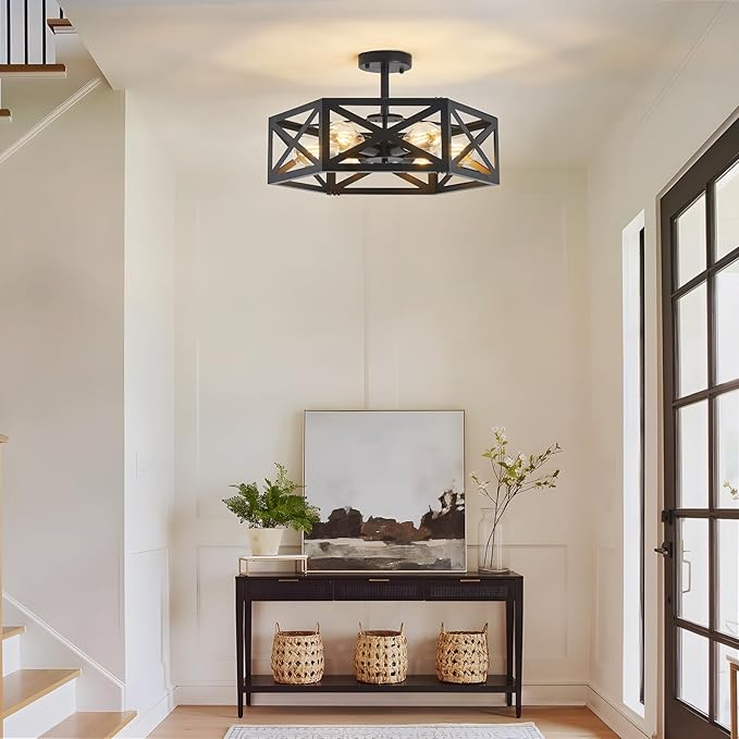 Modern Semi Flush Mount Ceiling Light,19.7" 6-Light Hexagon Flush Mount Ceiling Lights for Dining Room Light Fixture,Farmhouse Black Metal Kitchen Island Lighting Fixtures for Hallway,Bathroom