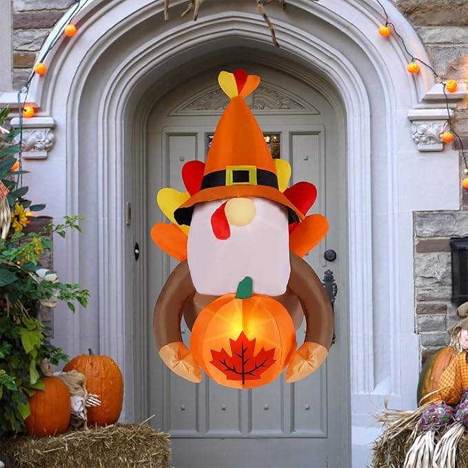 Juegoal Fall Decor Window Inflatable Gnome, 3.5FT Light Up Thanksgiving Gnome with Turkey Wings Holds Pumpkin, Animated Autumn Harvest Front Door Roof Prop, Outdoor Indoor Holiday Party Blow up Decor