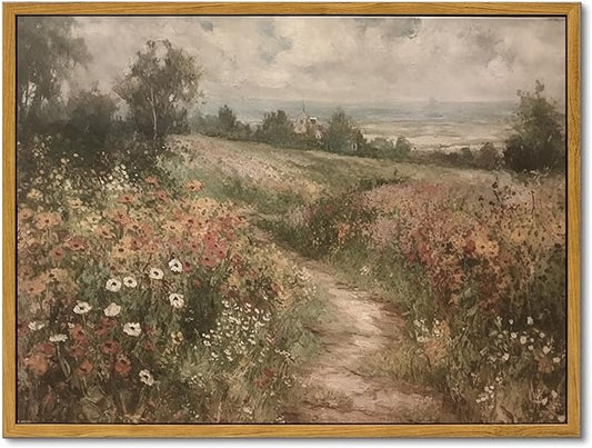 KBKBART Framed Canvas Wall Art for Living Room, Vintage Countryside Wildflower Field Painting Farmhouse Decor, Retro Nature Wilderness Canvas Art Prints, Rustic Landscape Wall Decor for Bathroom, Bedroom Living Room, Vintage Art Wall Decor(12"x16")
