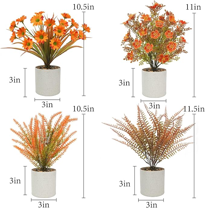 Uieke 4PCS Fall Tabletop Decor Fall Fake Potted Plants Autumn Mini Small Artificial Potted Plants for Fall Harvest Wedding Table Centerpiece Farmhouse Home Office Shelf Thanksgiving Decor