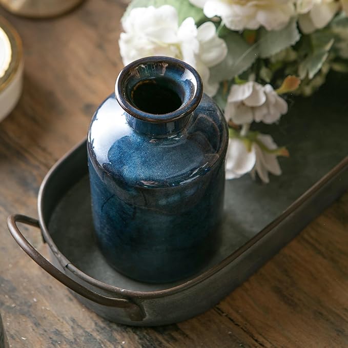 Blue Ceramic Vase Set of 3 Small Vases, Modern Farmhouse for Home Decor Bottles, Rustic Terracotta Vase Decorative Vases for Table,Fireplaces Decor, Bookshelf, Living Room