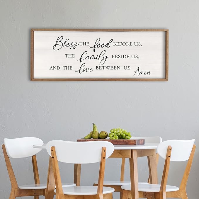 Surfapans Bless the Food Before Us Wall Decor, 40"X15" Farmhouse Dining Room Family Kitchen Sign, Christian Bible Verse Scripture Vintage Home Framed Wood Wall Art(Wood White)