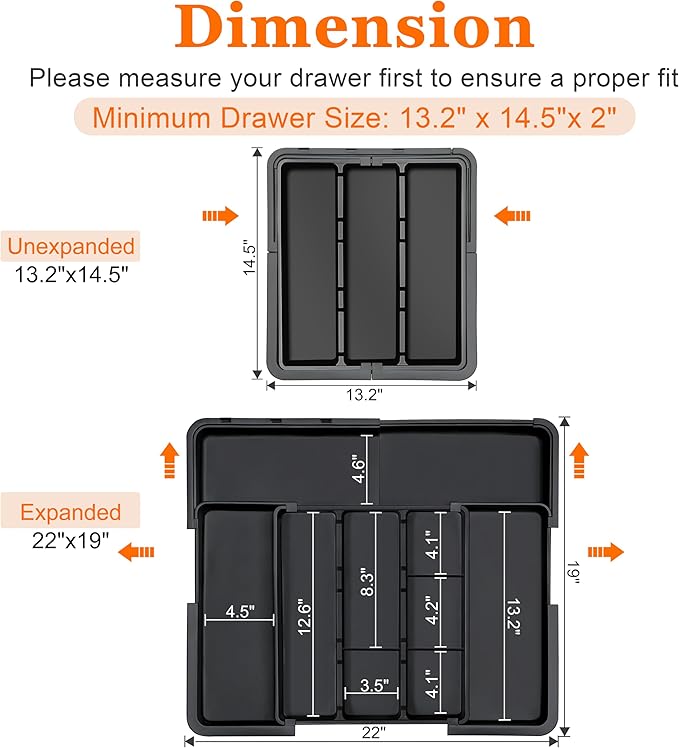 Large Utensil Drawer Organizer Expandable Silverware Organizer for Kitchen Drawer Adjustable Cooking Utensil Holder Cutlery Flatware Tray Spatula Tools Gadgets Storage Dividers Plastic Black