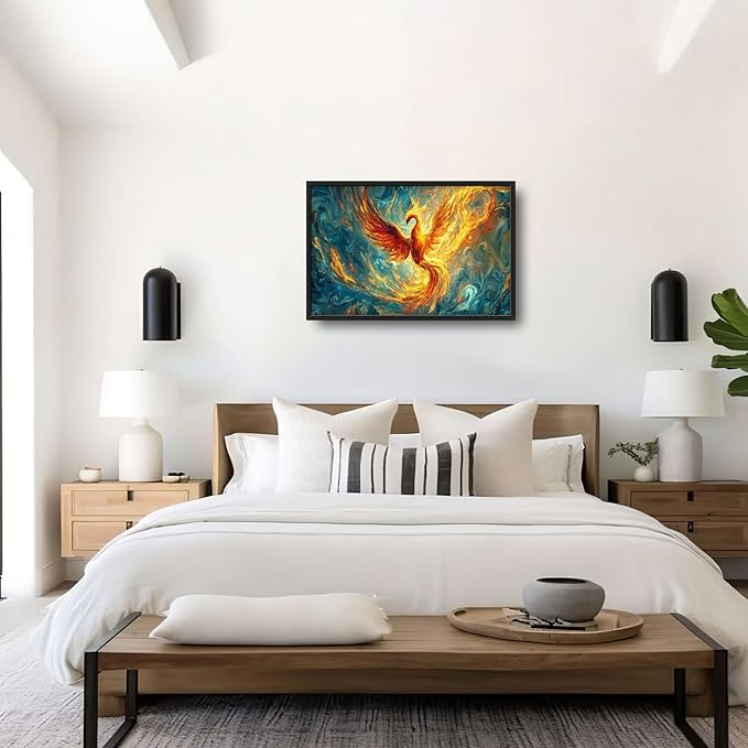 Large Phoenix Wall Art for Living Room, Fire Phoenix Oversized Wall Decor Pictures, Abstract Bird Framed Canvas Print Painting, Modern Artwork for Bedroom Office Home Decor 36"x24"