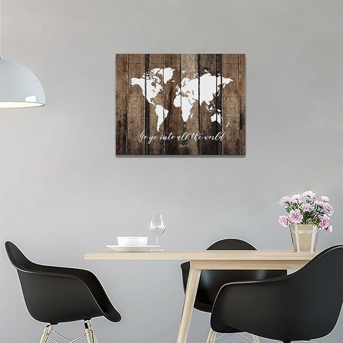 Large World Map Wall Art Rustic World Map Pictures Wall Decor Go Ye Into All The World and Preach The Gospel Canvas Painting Print Home Artwork Framed for Living Room Bathroom Master Bedroom 16"x12"