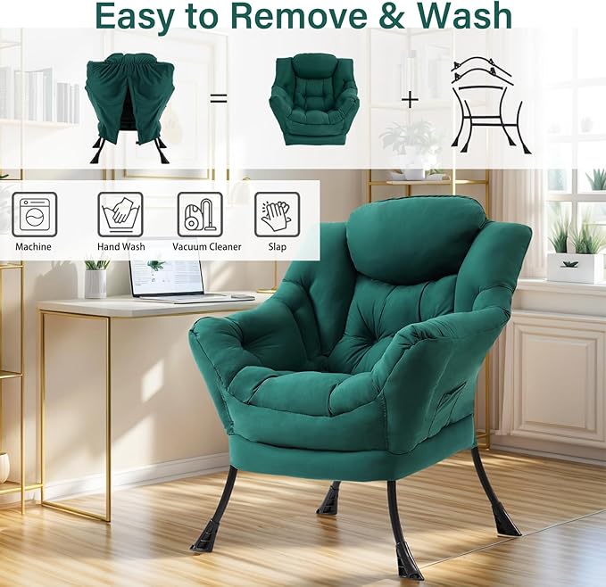 Lazy Chair for Living Room, Modern Accent Chairs with Armrests, Comfy Lounge Chair with Side Pocket, Cozy Lazy Sofa for Reading, Balcony, Bedroom, Dorm, Small Spaces (Dark Green)