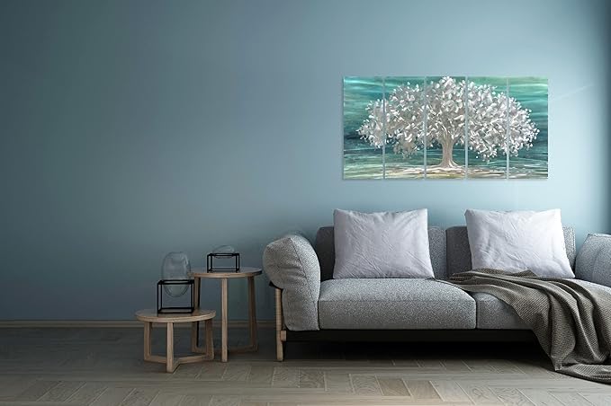Yihui Arts Tree Of Life Metal Wall Art Handcrafted Aluminum Artwork Teal and Silver Abstract Nature Pictures in 5 Pieces for Living Room Bedroom Bathroom Decor