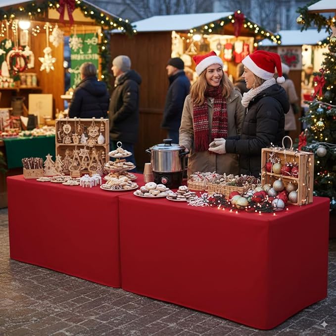 HolidayIdeas 4 Pack Red Fitted Tablecloth for 8ft Tables, 4-Sided Christmas Table Cover for Holiday Markets, Yard Parties, & Gift Tables, Wrinkle-Resistant Washable Xmas Decorations