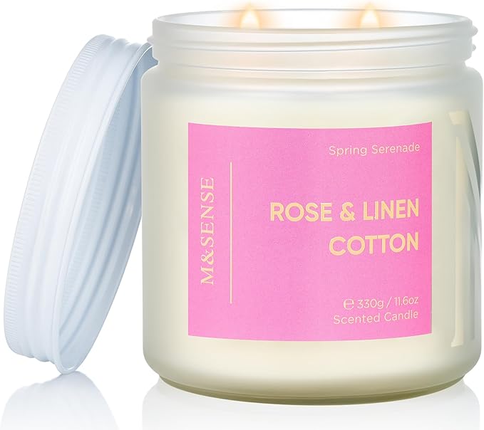 M&SENSE Rose Linen Cotton Spring Scented Candle - 11.6oz Natural Soy Wax Non Toxic Candle for Mothers Day 70-Hour Slow-Burning Time Aromatherapy Gifts for Women & Home Decor