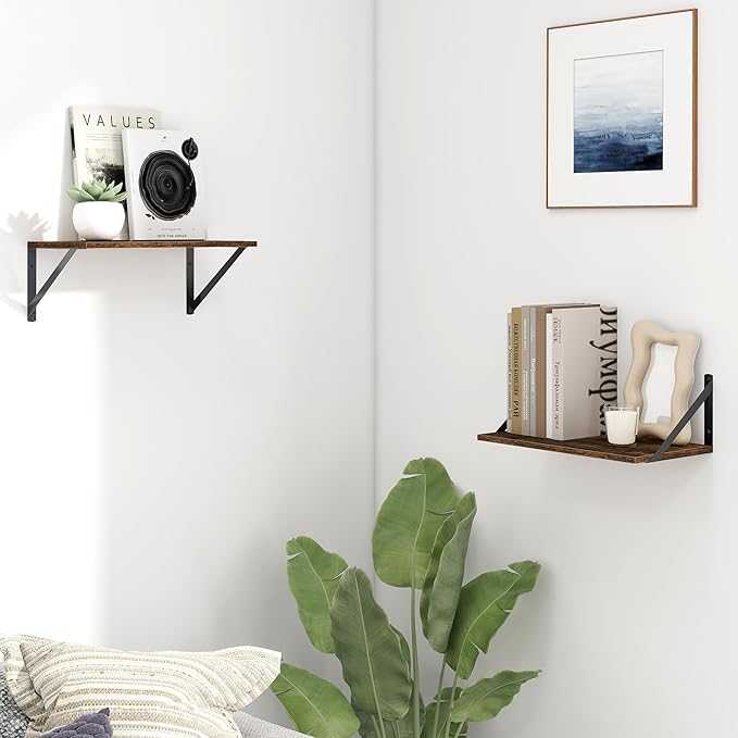 Fun Memories Deep Floating Shelves for Wall, 16W x 8D Wall Mounted Shelves Set of 2, Wide Display Ledge Shelf with Sturdy Metal Brackets for Living Room, Bathroom, Bedroom and Kitchen, Rustic Brown