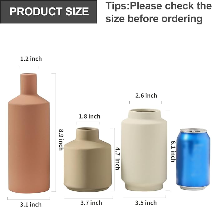 Ceramic Vase Set of 3, Modern Decorative Vases for Home Decor, Small Flower Pottery Vase Sets, Boho Farmhouse Rustic Vases for Living Room, Kitchen, Bedroom, Bathroom, Shelf, Table