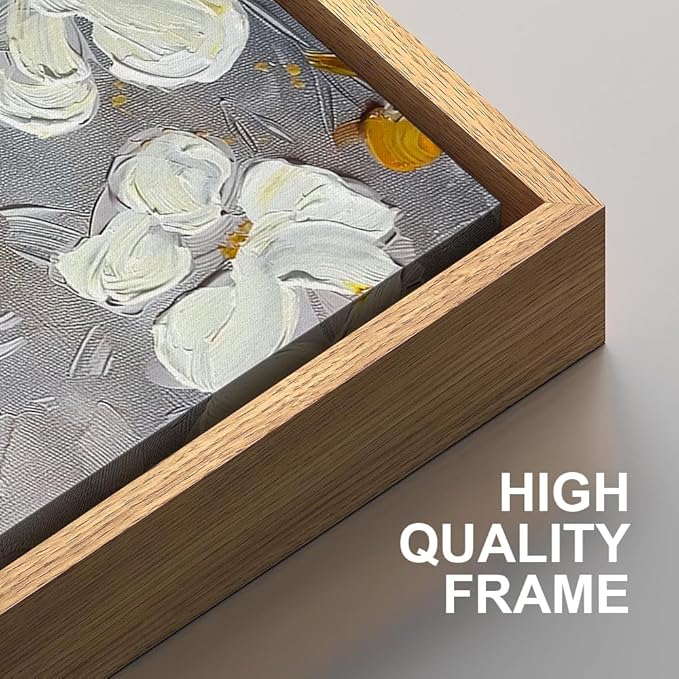 HPNIUB Large Hand-Painted White Flower Framed Wall Art Modern White and Gold Floral Canvas Oil Painting Nature Botanical Wall Decor Abstract Aesthetic Artwork for Living Room Bedroom Decor -20"x40"