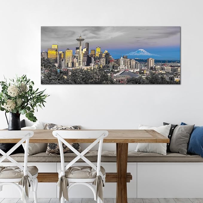 Fochorlo Seattle Wall Art City Skyline Picture Black and White Blue Wall Decor For Bedroom Living Room Office Gallery Wrapped 20"x48"