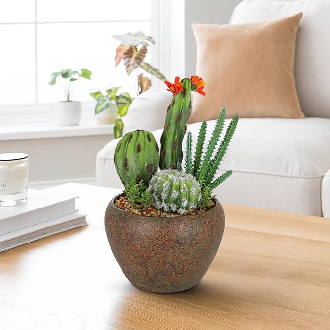 Assorted Artificial Cactus Plants Indoor - 5.9" Small Faux Succulent Cacti Plants in Pots Mini Fake Flowering Cactus Potted with Bowl for Home Office Living Room Bathroom Shelf Table Indoor Decor