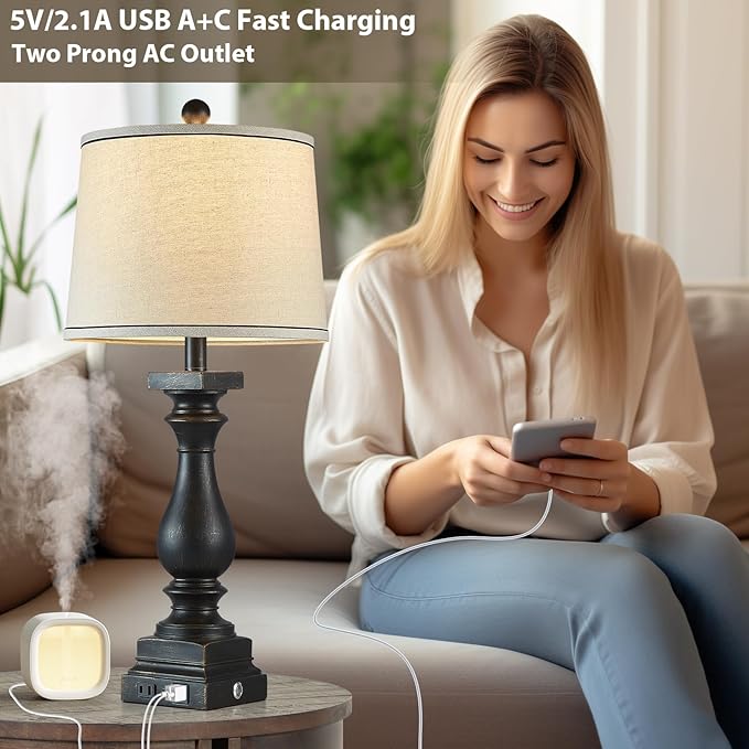 28" Tall Farmhouse Table Lamps Set of 2 with USB C+A Ports and AC Outlet, 3 Way Touch Control Rustic Bedside Lamp for Bedroom, Black Vintage Nightstand Lamp for Living Room Office