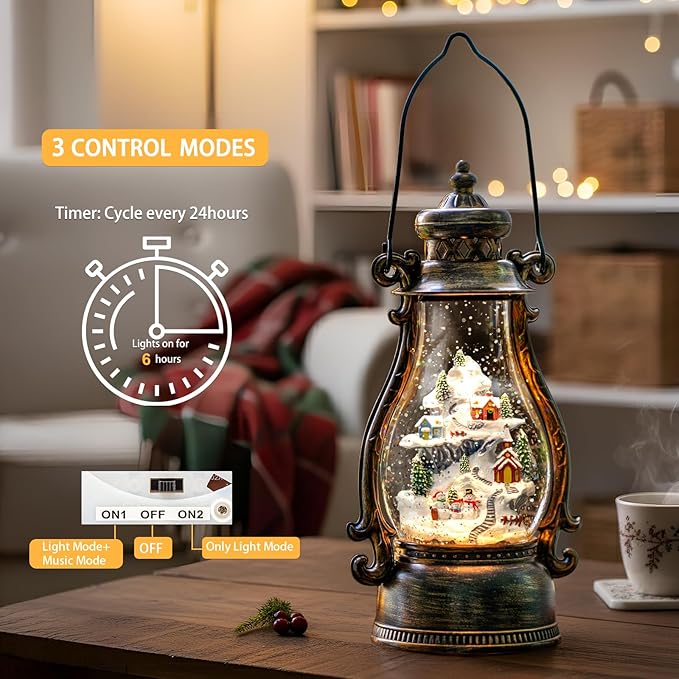 14.2" Christmas Village Buildings Tall Snow Globe Lantern Water Glittering Snowman Family with Music & Timer, USB Lined/Battery Operated Lighted Lantern for Christmas Festival Decoration Gifts