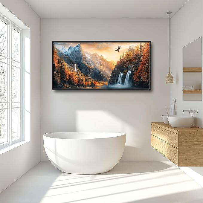 Large Mountain Waterfall Wall Art for Living Room, Forest Tree Canvas Wall Decor, Sunset Eagle Pictures Framed Painting, Natural Landscape Artwork for Bedroom Office 60L'' × 30W''