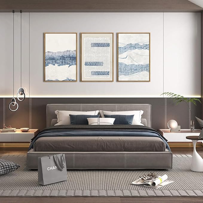 IARTTOP Large Blue Abstract Framed Canvas Wall Art 16x24 Inch Neutral Modern Art Prints Minimalist boho Artworks for Living Room Bedroom Office Set of 3