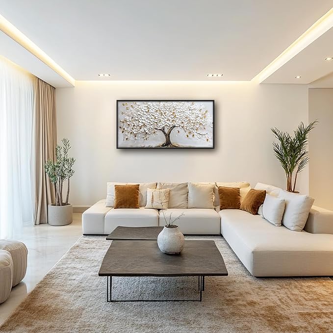 Olivine Tree Large Wall Art, White And Golden Pictures Wall Decor, Tree Of Life Paintings Canvas Prints, Framed Artwork for Dining Room Bedroom Living Room Office Bathroom Home Decoration 60"x30"