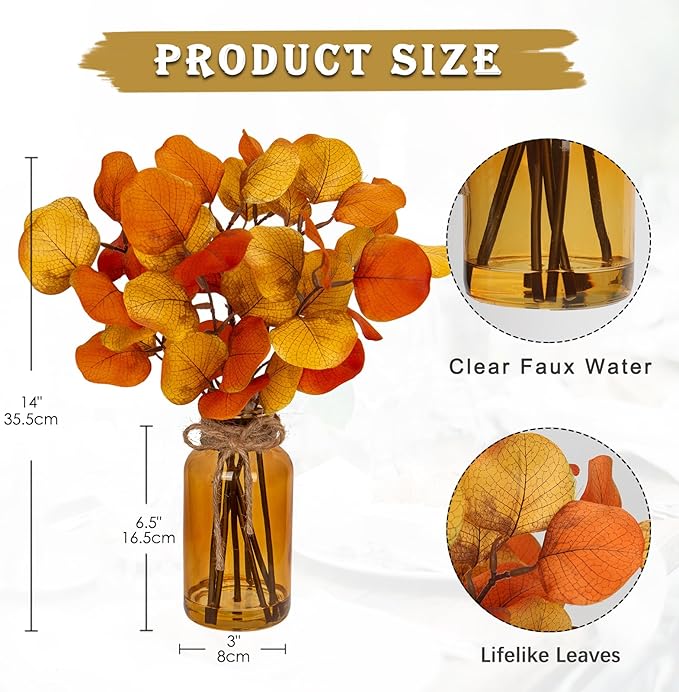 Briful Artificial Eucalyptus Stems in Amber Glass Vase with Faux Water, 14" Fake Fall Plant Autumn Leaves for Home Farmhouse Wedding Centerpiece Bathroom Décor