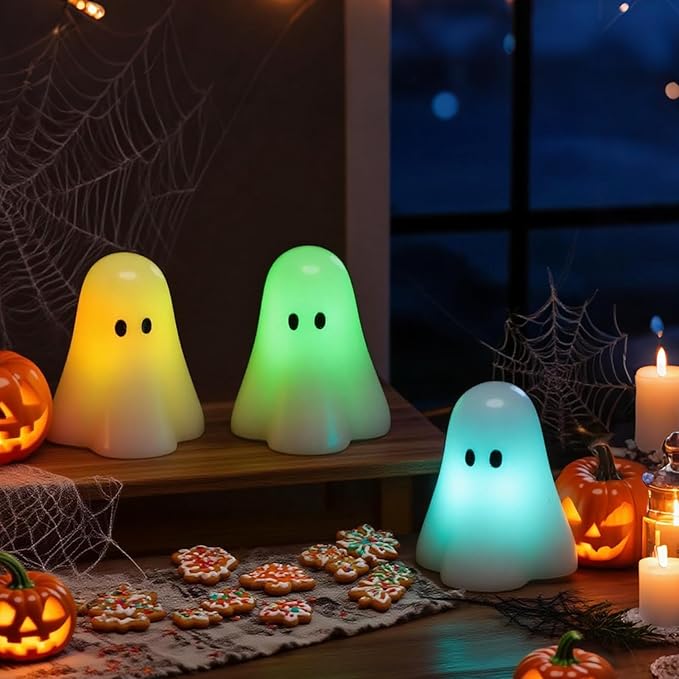 Eldnacele Ghost Flamless Flickering Candles with 18-key Remote and Timer, 12 Color Changing Battery Operated Spooky Candles Real Wax Small Ghost Lights LED Candle Fireplace Halloween Indoor Decor Gift