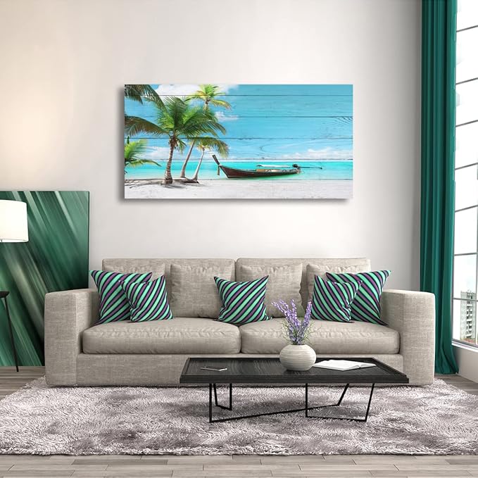 Beach Picture Canvas Prints Coconut Tree Ocean Wall Art Home Decor Natural Seascape Paintings for Living Room Bathroom Bedroom Office Kitchen Decorations Wooden Framed Landscape Artwork 20x40inchs