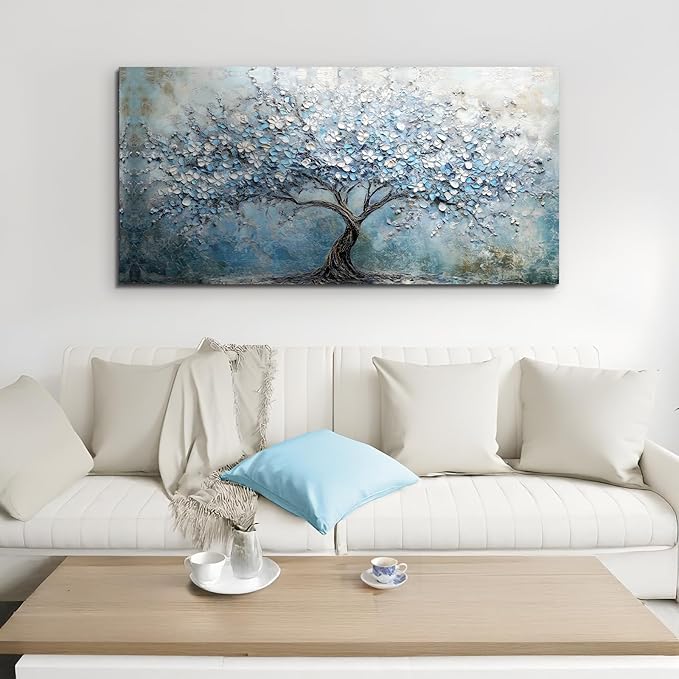 crmotu Tree of Life Large Wall Art for Living Room, Cherry Blossom Tree Abstract Art Prints Canvas Pictures, Modern Blue White Aesthetic Painting Bedroom Bathroom Home Office Wall Decor 24"X48"