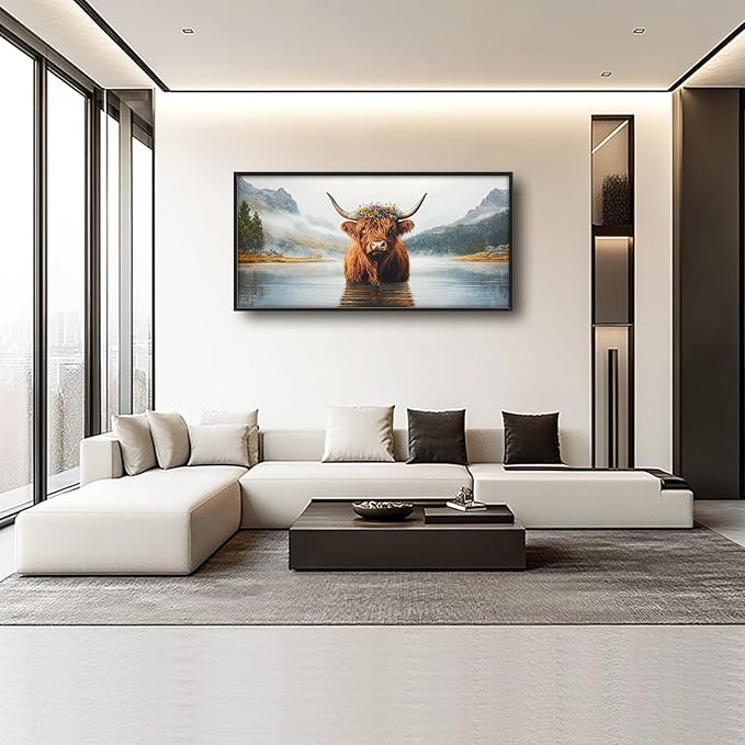 Framed Large Wall Art for Living Room, Highland Cow Canvas Wall Decor, Large Mountain Animal Pictures Framed Painting, Natural Landscape Artwork for Bedroom Office Home Decor 60L'' × 30W''