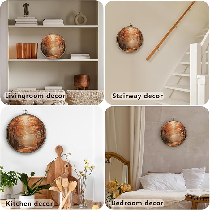 Gnmduw Rustic Fall Wall Art Framed, Fall Pictures Wall Decor, Vintage Autumn Landscape Round Hanging Wall Decor, Moody Halloween Canvas Prints Art for Living Room Bathroom Gallery Bedroom, 10x10 Inch