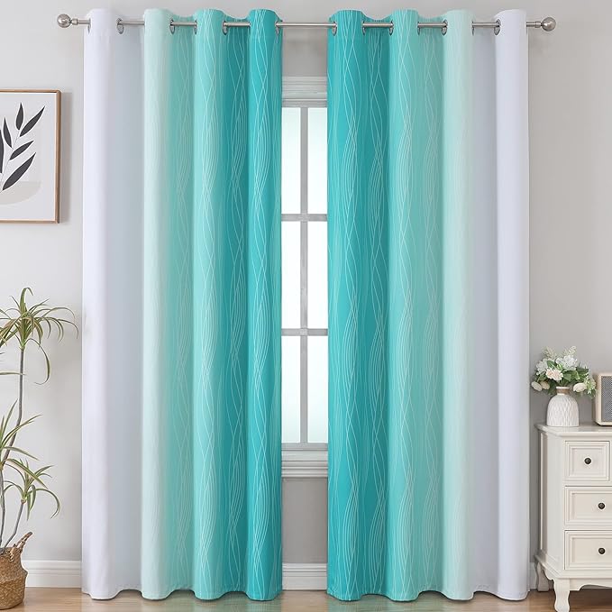 Estelar Textiler Full Room Darkening Greyish White and Teal Blackout Curtains 96 Inch Length 2 Panels Set, Ombre Thermal Insulated Full Light Blocking Grommet Gray Blackout Drapes for Bedroom, 52Wx96L