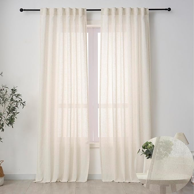 Neutral Linen Semi Sheer Curtains 102 Inch Long, 50 Inches Width, Flax Light Filtering Drapes for Living Room, Cream Beige Modern Farmhouse Window Curtain, Back Tab & Rod Pocket