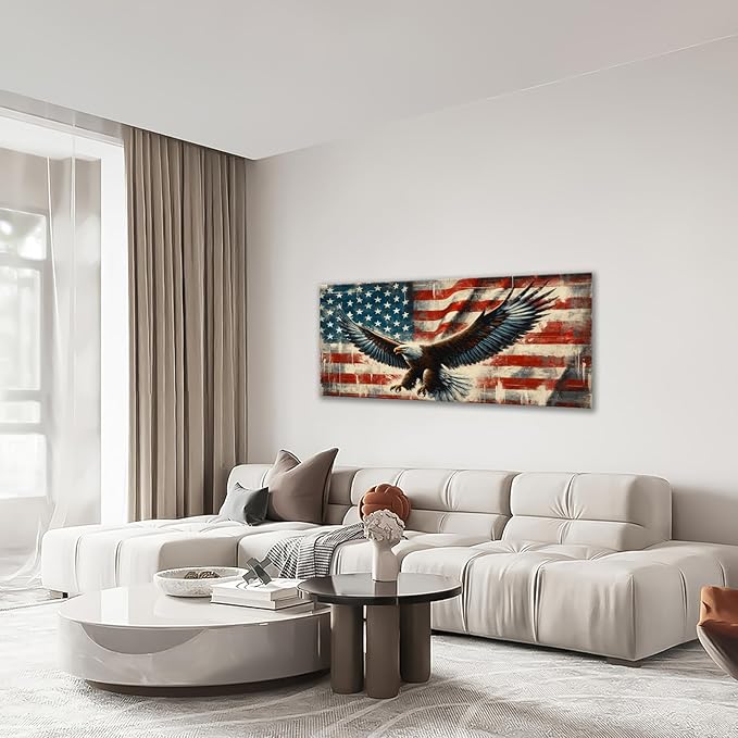 Large Bald Eagle Wall Art American Flag and Eagle Pictures Wall Decor Patriotic Motivational Bedroom Sign Canvas Painting Prints Modern Home Decoration Artworks Framed for Living Room Office 60"x30"