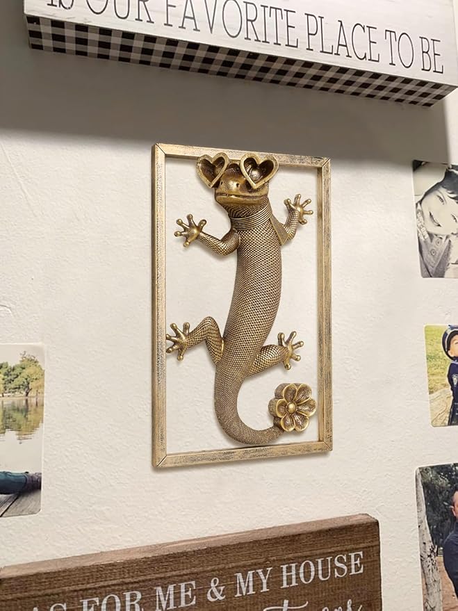 Animal Heads Wall Decor (Includes Metal Frame) Resin Animals Sculptures Head Wall Hanging Decoration Gold vintage Wall Sculpture for Living Room Bedroom Office(Lizard)