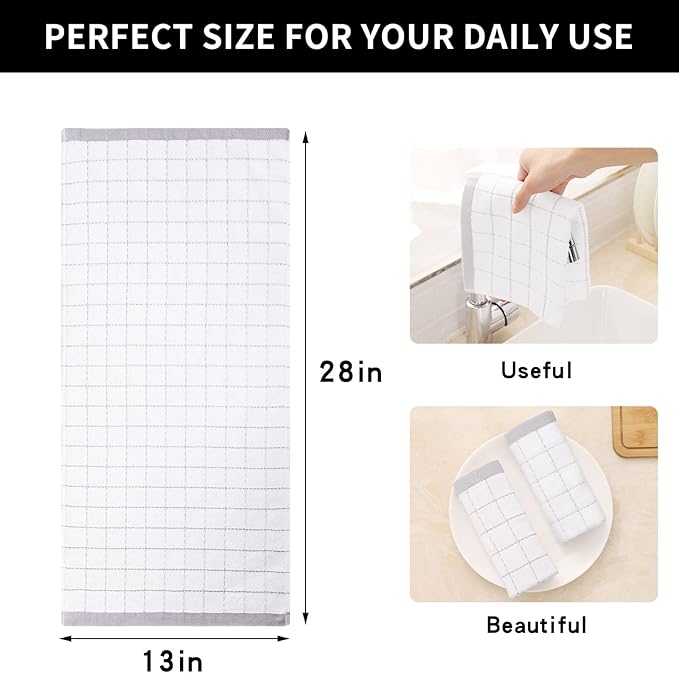 Homaxy 100% Cotton Terry Kitchen Towels(White, 13 x 28 inches), Checkered Designed, Soft and Super Absorbent Dish Towels, 4 Pack