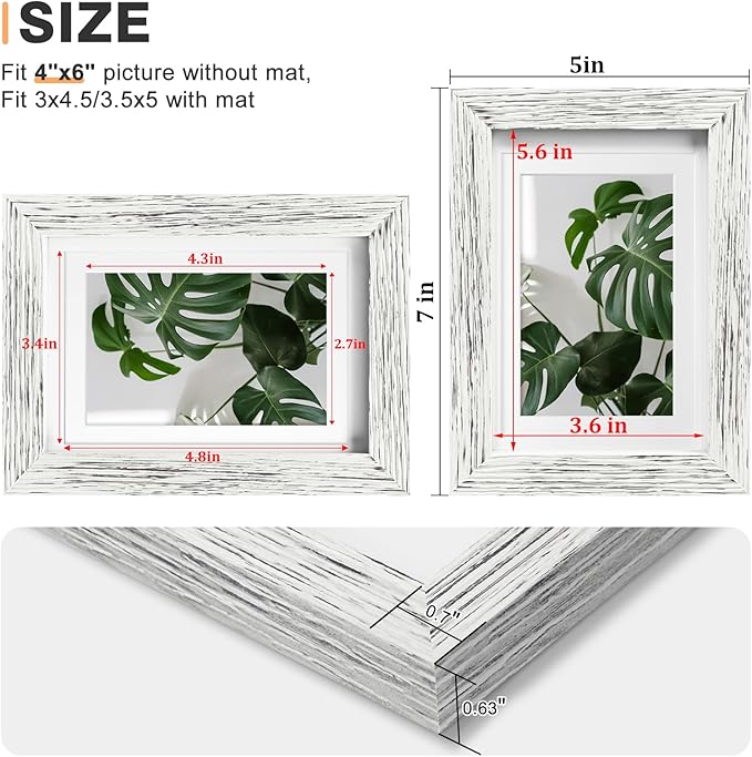 Egofine 4x6 Picture Frames Set of 4, Made of Solid Wood Covered by Plexiglass 3.5x5 with Mat or 4x6 without Mat, for Table Top Display and Wall Mounting Photo Frame Driftwood White