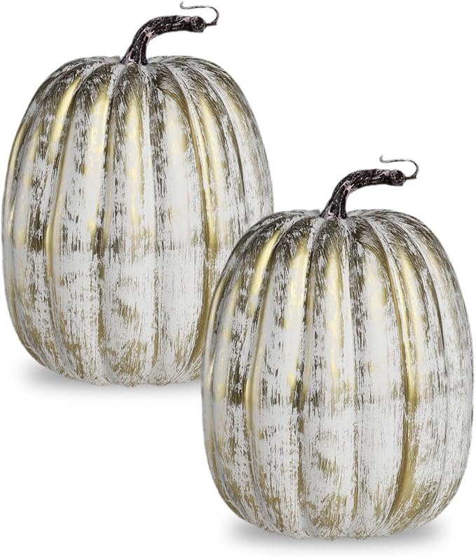 vensovo 2PCS 8 Inch Gold Plastic Pumpkins for Decorating–Large Artificial Foam Pumpkins for Fall Decor, Halloween, Thanksgiving, Paintable for DIY Crafts & Centerpieces
