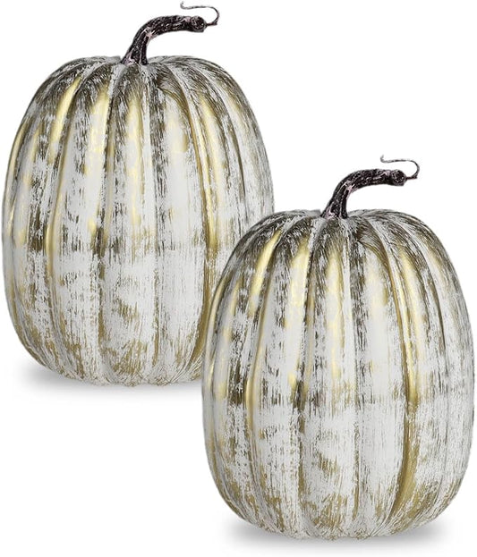 vensovo 2PCS 8 Inch Gold Plastic Pumpkins for Decorating–Large Artificial Foam Pumpkins for Fall Decor, Halloween, Thanksgiving, Paintable for DIY Crafts & Centerpieces